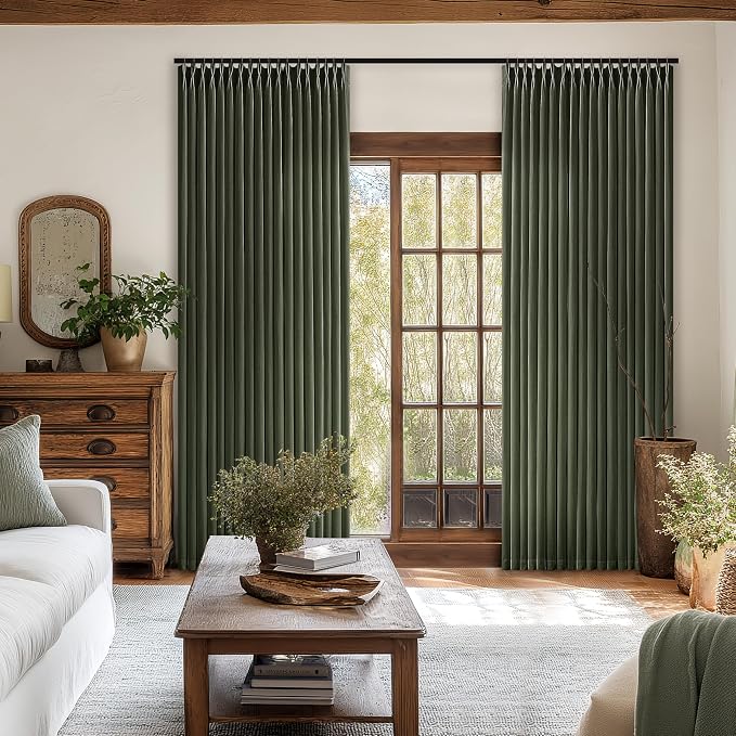 Rifle Green Linen Pinch Pleat Curtains 84 Inches Long for Living Room Pinch Pleated Drapes Hooks Rings Back Tab Farmhouse Light Filtering Semi Sheer Dark Olive Hunter Green Curtains Dining Bedroom