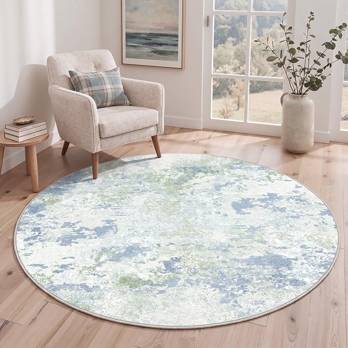 BEIMO Round Rugs 5FT for Living Room Bedroom, Modern Abstract Machine Washable Rug, Large Soft Low Pile Indoor Floor Carpet with Non Slip Backing for Dining Room, Blue Green Ivory