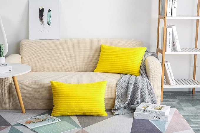TangDepot Velvet Big Corduroy Pillow Covers 12x24 Yellow 2-Pack | Soft wide-stripe corduroy pillow cover, hidden zipper, machine washable, easy refresh, for bedroom living room indoor outdoor