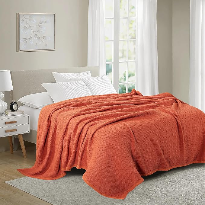 TreeWool Premium 100% Cotton Waffle Queen Blanket (90"x90", Rust) | Breathable Lightweight Moisture Wicking Soft Knit Thermal Blanket for Summer, Bed or Sofa All-season Comfort Machine Washable