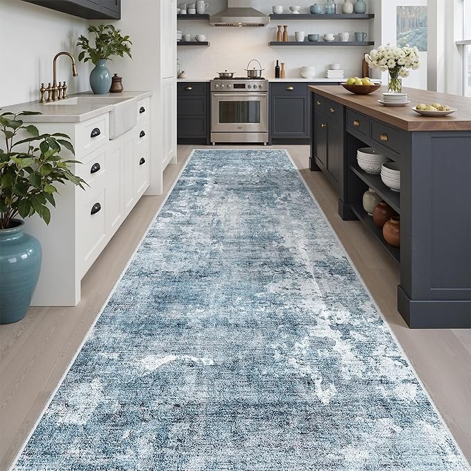 Soalmost Runner Rug 3x10 Washable Non-Slip Hallway Runner Rugs for Kitchen Bathroom Laundry Room Blue/Grey Vintage Floor Carpet Runners for Hallways Entryway