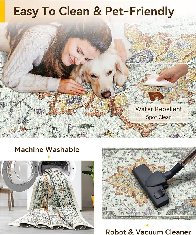 RELEANY Area Rugs 2'x6' Runner Rug Non Slip Washable for Kitchen Hallway Bedroom Beside Laundry Room Bathroom Rug, Floor Carpet, Light Yellow Carbon Grey Orange