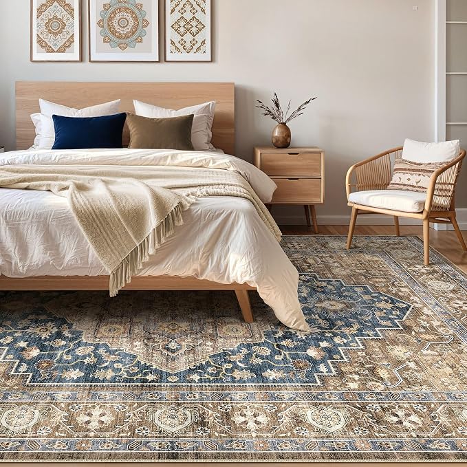 7x9 Area Rug Living Room: Washable Boho Large Neutral Vintage Soft Rug Stain Resistant Farmhouse Non-Slip Indoor Floor Carpet for Bedroom Nursery Kids Office Dining Room Playroom- Yellow Blue