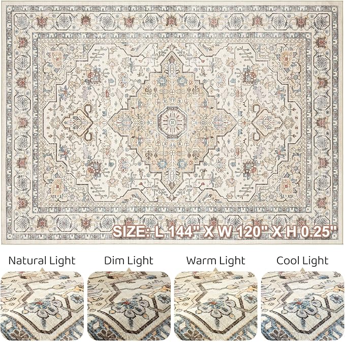 10x12 Area Rug Living Room: Washable Boho Large Neutral Vintage Soft Rugs Stain Resistant Farmhouse Non Slip Indoor Floor Carpet for Bedroom Nursery Kids Playroom Office Dining Room- Cream Blue