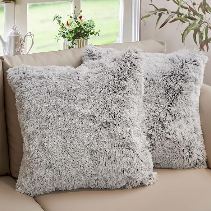 Cheer Collection Throw Pillows for Couch and Bed, Soft Shaggy Throw Pillows with Inserts Included, Cozy Long Hair Faux Fur Pillows - Set of 2-24" x 24" Gray