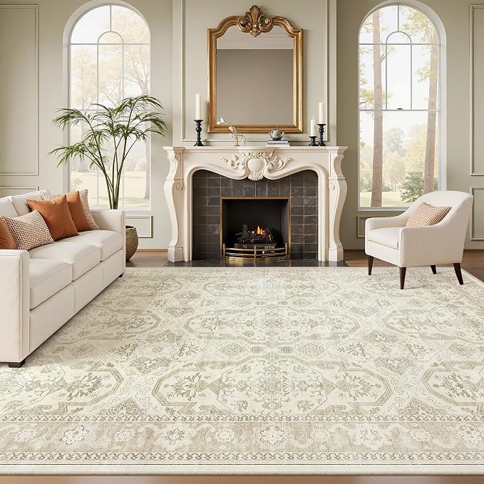 Soalmost Washable Area Rug 8x12, Large Soft Rugs for Living Room Vintage Beige/Brown Carpet 8x12 Area Rugs for Bedroom Dining Room Non-Slip Stain Resistant Under Table Rug