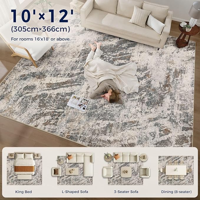 DMOYEST Area Rug Living Room Rugs - 10x12 Large Soft Indoor Neutral Modern Abstract Low Pile Washable Rug Carpet for Bedroom Dining Room Farmhouse Home Office-Dark Brown/Grey