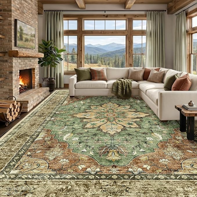 RELEANY Area Rugs Large 10'x14' Washable Non-Slip, Floral Vintage Distress Medallion Carpet for Living Room Bedroom Dining Room, Terracotta Burnt Orange Green
