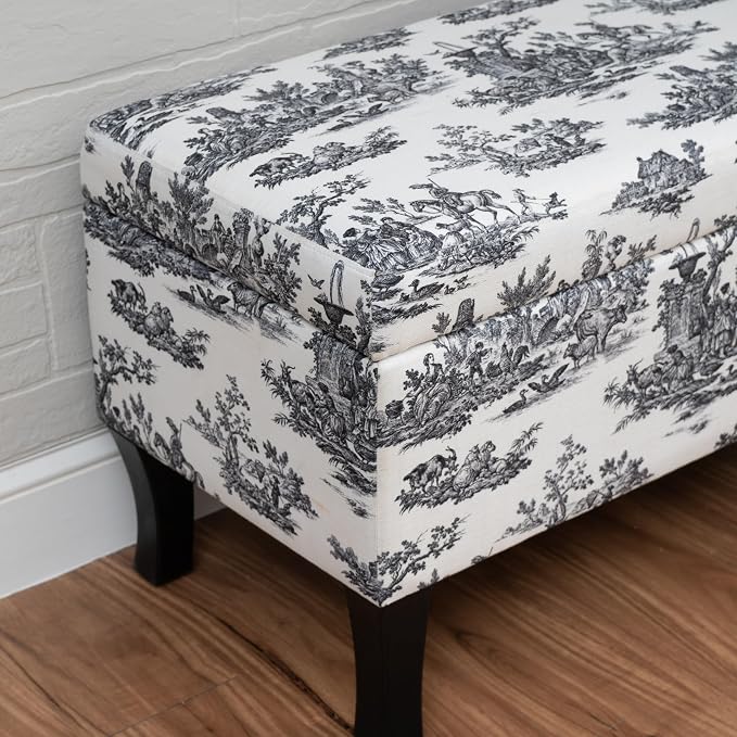 Linon Stephanie Black and White Toile Fully Upholstered Bench with Hidden Interior Storage