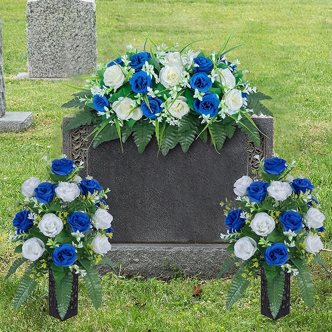 DONODA Cemetery Tombstone Flower Saddle - Outdoor Grave Decorations - Non-Bleed Colors, Rose Combination Flower (Dark Blue and White Saddle)