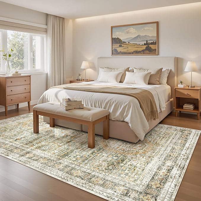 Soalmost 6x9 Area Rug for Living Room Washable 6x9 Non-Slip Modern Rugs for Bedroom Dinning Room Ultra-Thin Indoor Green Orange