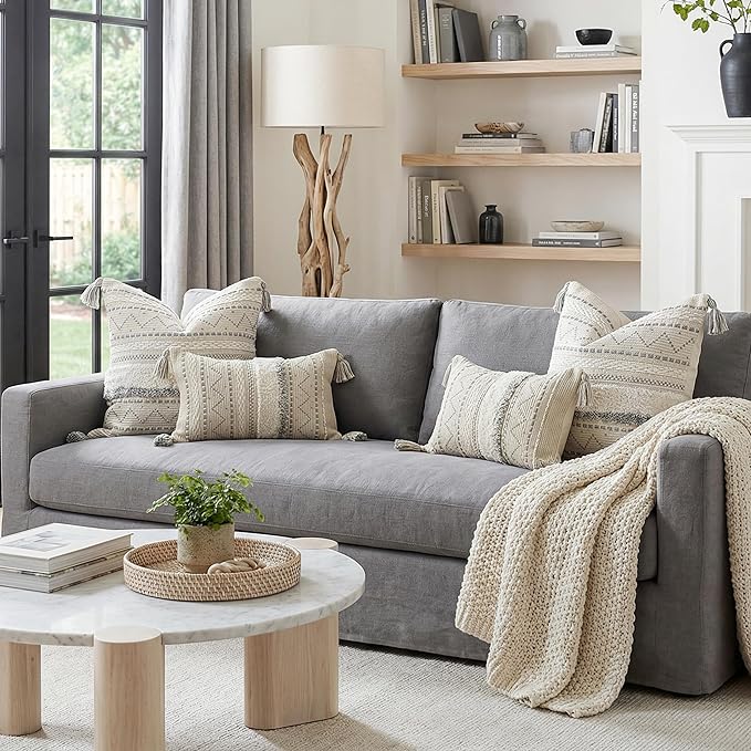 BlissBlush Decorative Lumbar Throw Pillow Covers 12x20 Combo Set of 2 Gray Rectangular Boho Accent Pillowcase Neutral Grey Farmhouse Cushion for Couch Sofa Bedroom Living Home Décor Cover ONLY