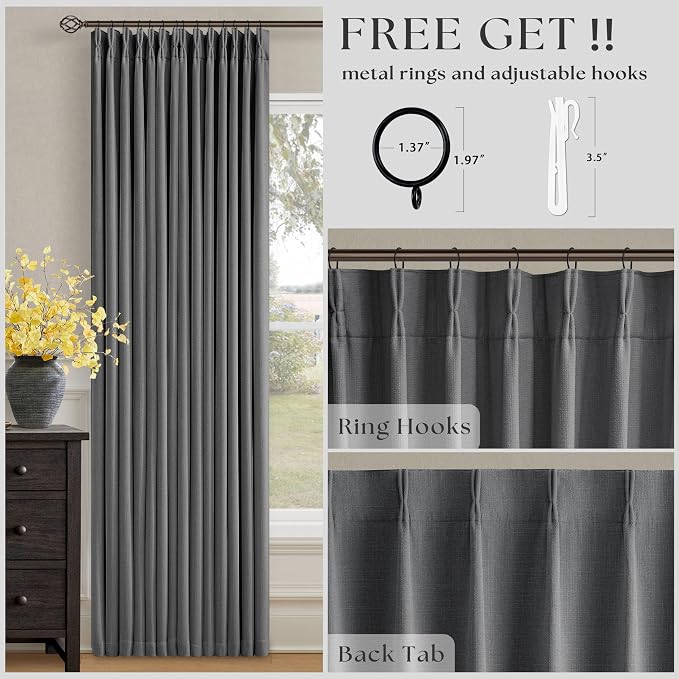 Dark Grey 100 Inch Blackout Pinch Pleated Curtains 2 Panel Set for Living Room Darkening Thick Linen Textured 100% Black Out Drapes 100 Inches Long Pinch Pleat Light Blocking Bedroom Charcoal Gray