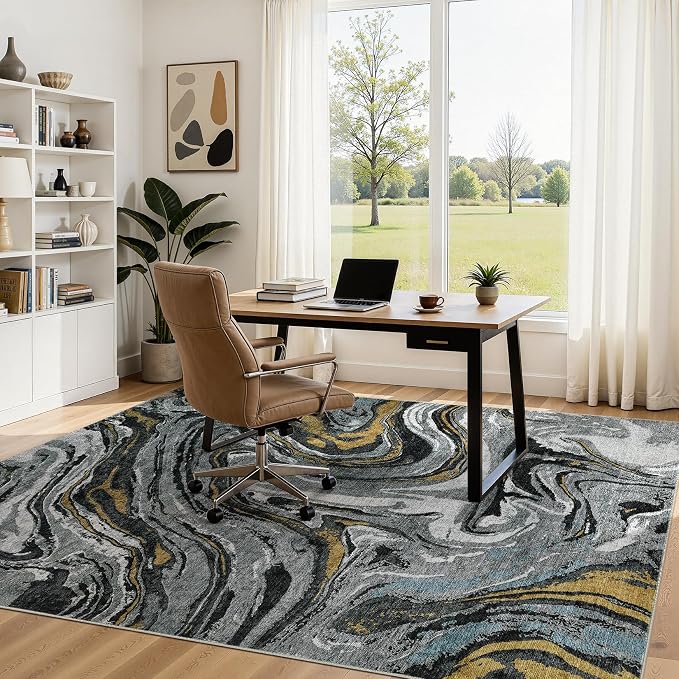 DMOYEST 6x9 Area Rug for Living Room - Washable Neutral Modern Abstract Rugs Soft Non-Slip Carpet Low Pile Indoor Floor Mat for Bedroom & Dining Room Decor for Families with Kids and Pet-Black Golden