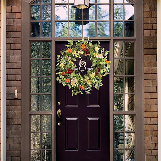 22IN Artificial Spring Summer Wreath with Wild Flowers & Silk Daisies Eucalyptus, UV Resistant, Colorful Wreath - for Spring Summer Indoor Outdoor Home Décor