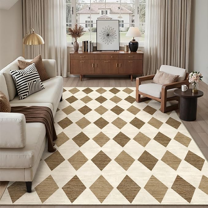PureCozy 8x10 Checkered Area Rugs for Living Room Brown Machine Washable Large Rug Non-Slip Stain Resistant Low Pile Boho Accent Indoor Throw Carpet for Bedroom Dining Room Home Aesthetic Decor