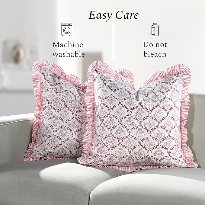 CPC Blush Rose Hand Block Print 100% Cotton Ruffle Throw Pillow Cover 24x24 inch with Hidden Zipper Decorative for Couch, Bed, Sofa, Farmhouse, Cottagecore Decor Gift Christmas Fall Thanksgiving