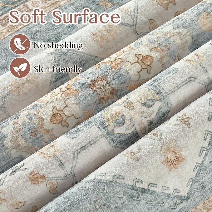 Tortania Area Rug Living Room Rugs - 10x12 Washable Boho Rug Vintage Oriental Distressed Farmhouse Large Thin Indoor Carpet for Living Room Bedroom Under Dining Table Home Office - Muted Teal