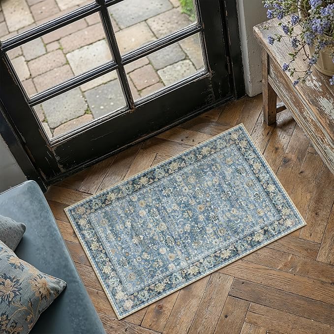 HUGEAR 2x3 Small Rug Machine Washable Area Rug Light Blue Entryway Rugs Entrance Door Mat Indoor Accent Rugs Floral Low Pile Carpet Distressed Throw Rug Kitchen Bedroom Office Non Slip
