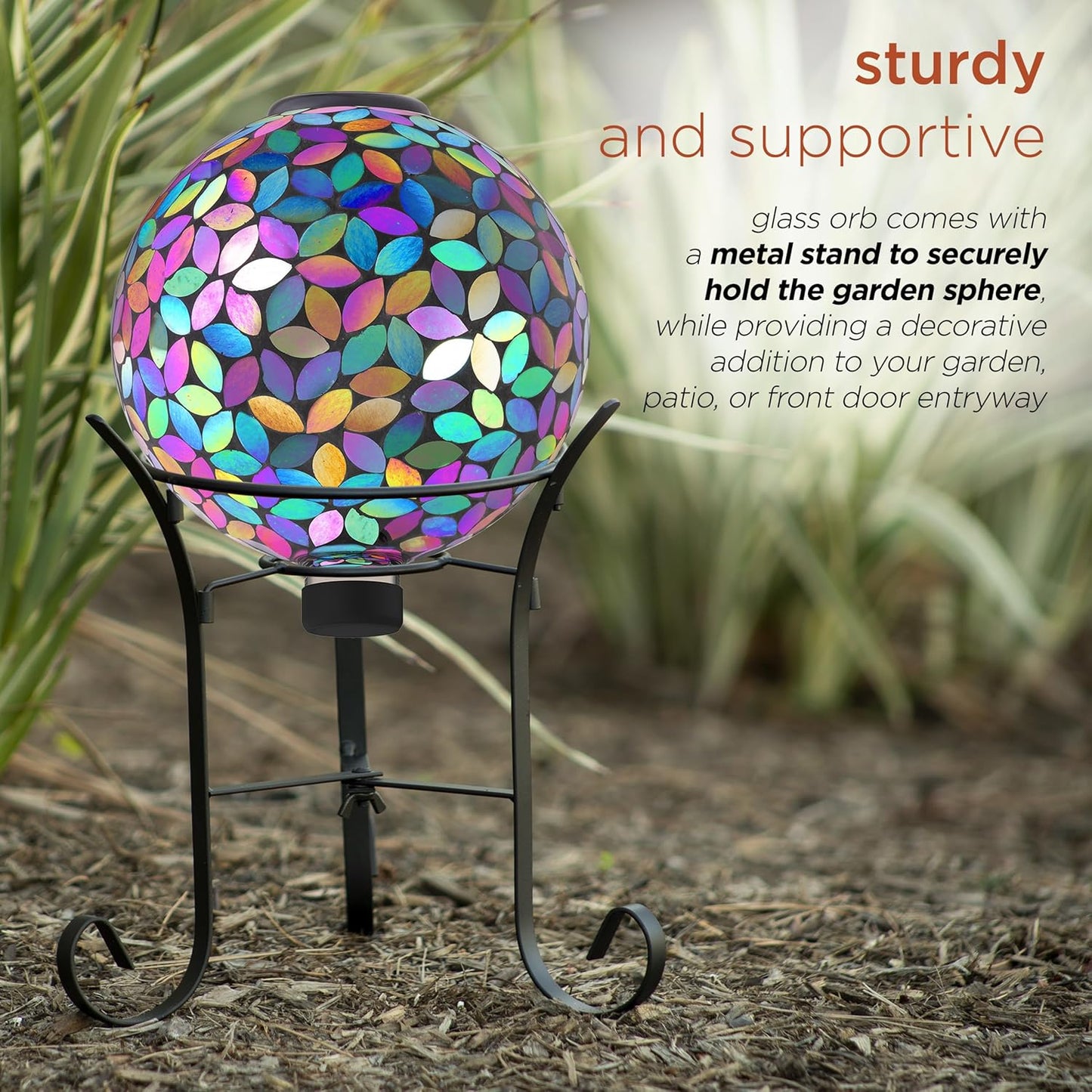 Alpine Corporation GRS122A-SLR Indoor/Outdoor Glass Solar Powered Mosaic Gazing Globe Yard Decoration, 10", Purple