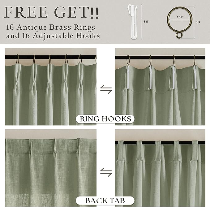 Sage Green Linen Curtains 96 Inches Long 2 Panels Set Pinch Pleat for Living Room Dining Light Filtering Semi Sheer Ceiling Track Curtains with Hooks Rings Pleated Drapes for Bedroom Window 8FT