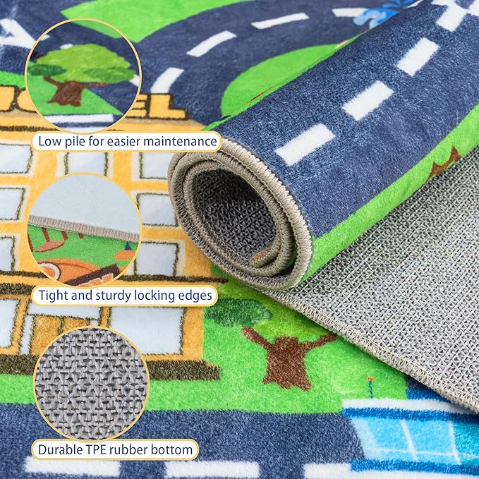 Kids Room Rug - Soft & Non-Slip 5x7 Ft Town Car Rug City Map Play Mat, Childrens Road Catpet Washable Rug for Classroom Nursery Bedroom Boys