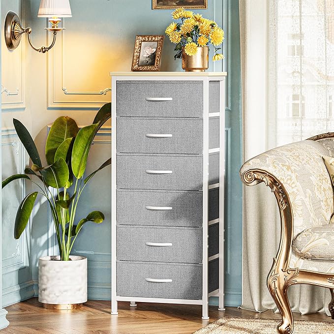 Huuger 43.3 Inch Tall Dresser for Bedroom, 6 Drawer Night Stand & Chests of Drawers, Fabric Dresser for Closet, Bedroom, Nightstand, End Table with Metal Frame, Storage Tower with Fabric Bins, Grey