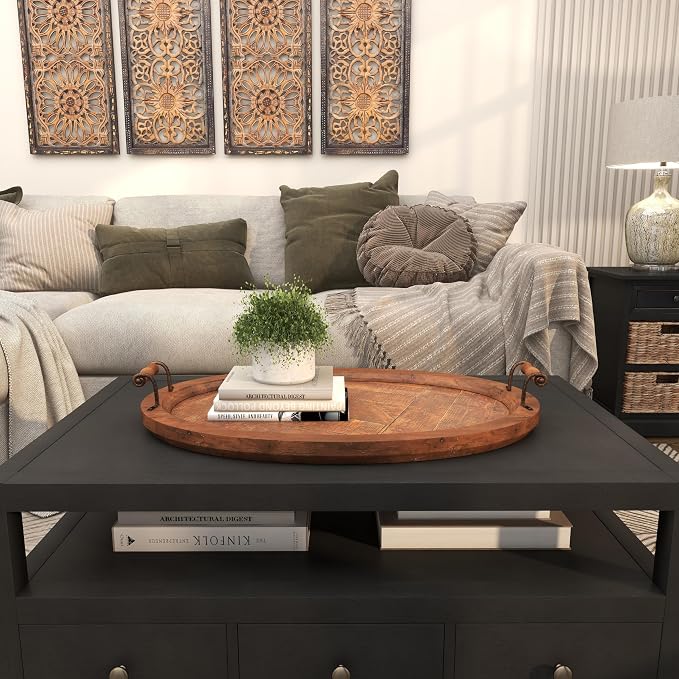Deco 79 Wood Living Room Decor Tray Large Oval Ottoman Tray with Scroll Metal Handles, Serving Tray 29" x 19" x 4", Brown | Living Room Decor Large Oval Ottoman Tray With Scroll Metal Handles Serving Tray