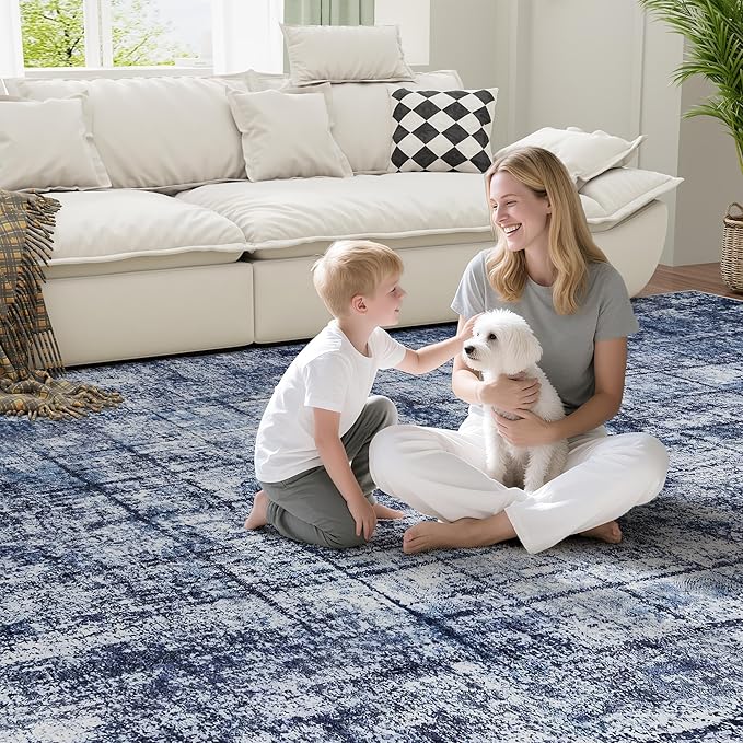 10x14 Area Rugs for Living Room Washable Rug: Anti-Skid Abstract Modern Living Room Rug Soft Thin Carpets Indoor Floor Non-Shedding Carpet for Bedroom Dining Farmhouse Nursery Navy Light Gray