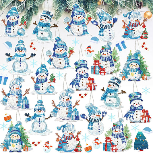 Skylety 20 Pcs Christmas Diamond Art Ornaments Kit Cute Snowman Diamond Painting Ornaments Tag DIY Xmas Rhinestone Art Keychain Crystal Handcraft Gift Wrap Tags with Rope Home Party Decor(Blue)