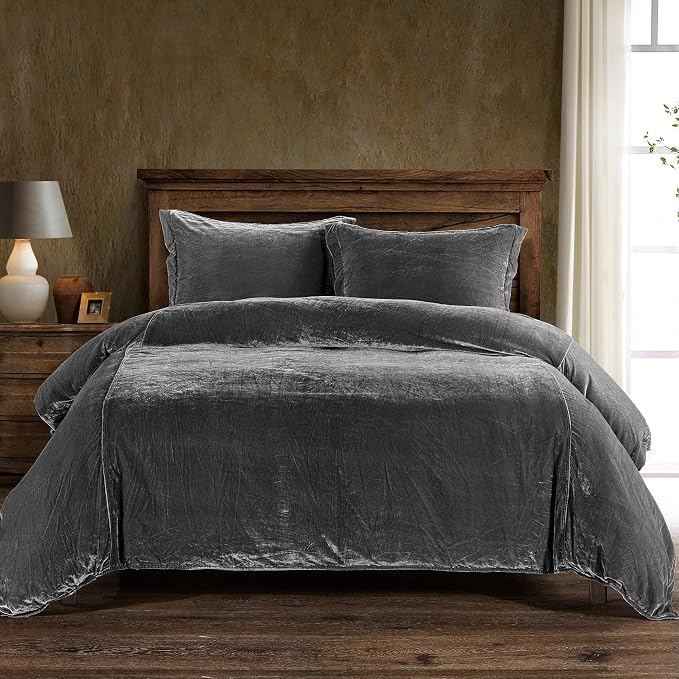 HiEnd Accents Stella Faux Silk Velvet 3 Piece Duvet Cover Set with 2 Pillow Shams, Queen, Slate, Romantic Western Modern Traditional Style Luxury Bedding, 1 Comforter Cover and 2 Pillow Cases