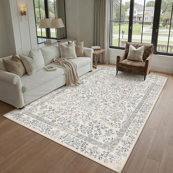 PureCozy 4x5 Blue Area Rug for Entryway Washable Vintage Floral Carpet Low Pile Non Slip Botanical Aesthetic Soft Accent Throw Rug Entrance Kitchen Bedroom Nursery Office Indoor
