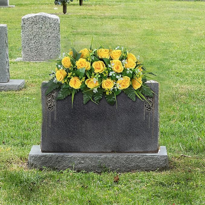 DONODA Cemetery Tombstone Flower Saddle - Outdoor Grave Decorations - Non-Bleed Colors, Rose Combination Flower (Yellow Saddle)