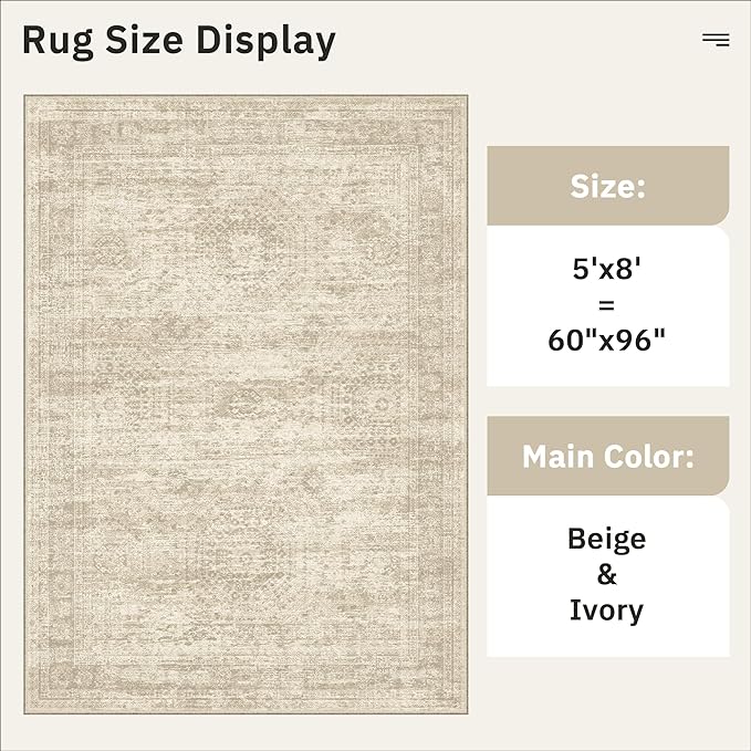 Soalmost 5x8 Area Rugs Beige Low Pile Indoor Washable Trendy Faded Style Rugs for Bedroom Living Room Dining Room Foldable Non-Slip Thin Print Home Office Mat