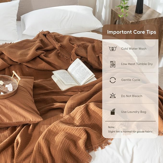 MooMee Muslin Blanket - 100% Cotton 4-Layer Gauze Throw Blanket with All-Around Fringe, Soft Breathable Lightweight Cooling Summer Blankets for Bed Couch (Drak Orange,Throw XL 50" x 70")