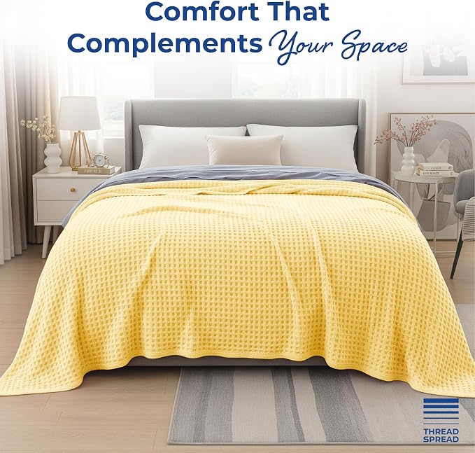 THREAD SPREAD 100% Cotton Waffle Twin Size Blanket for Bed - Soft Lightweight Breathable Waffle Weave Twin Blanket for All Season, Textured Throw Blankets for Bed, Sofa, Hotel, Hospital - Yellow