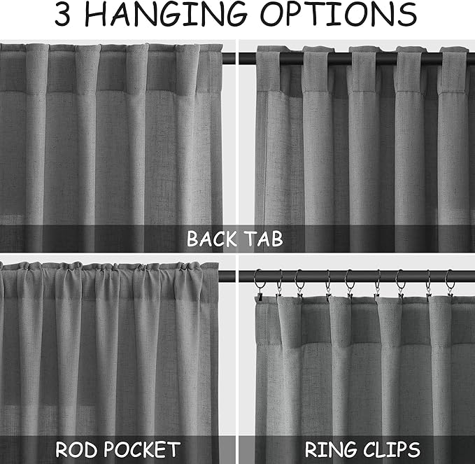 Nanspring Dark Gery Linen Curtains 63 Inches Length for Living Room Back Tab Pocket Light Filtering Semi Sheer 2 Panels Set Drapes Neutral Farmhouse Cotton Linen Textured Window Curtain 52X63 Inch