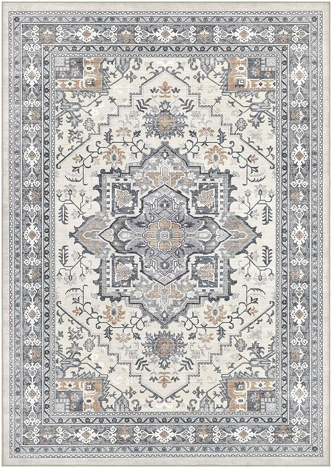 UERMEI 10x12 Area Rug Living Room Rugs - Washable Vintage Soft Large Rug Indoor Floor No Slip Rug Carpet for Bedroom Farmhouse Under Dining Table Home Office Decor - Grey-Orange
