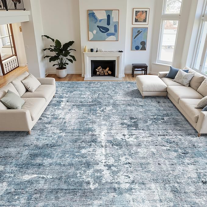 Soalmost 12x15 Washable Area Rug Blue/Grey Neutral Abstract Living Room Large Carpet Non Slip Bedroom Indoor Office Dining Room Low Pile Thin Rug