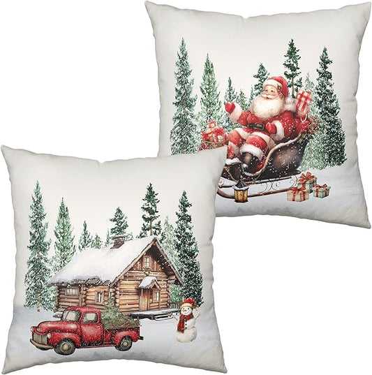 Christmas Santa Pillow Covers Set of 2 Snowy Cabin Red Truck Snowman Throw Pillow Covers Green Xmas Tree Pillowcase 16x16 Cotton Linen Cushion Case for Winter Holiday Home Decor