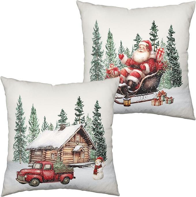 Christmas Santa Pillow Covers Set of 2 Snowy House Red Truck Snowman Throw Pillow Covers Green Xmas Tree Pillowcase 20x20 Cotton Linen Cushion Case for Winter Holiday Home Decor
