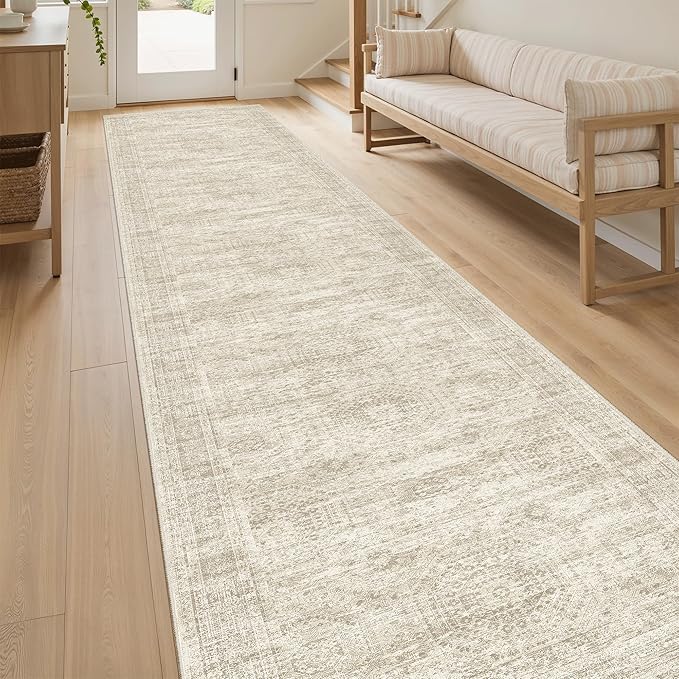 Soalmost Runner Rug 2'6" x 12' Washable Non-Slip Runner Rugs for Kitchen Bathroom Laundry Room Vintage Ultra Thin Runners for Hallway Entryway Beige