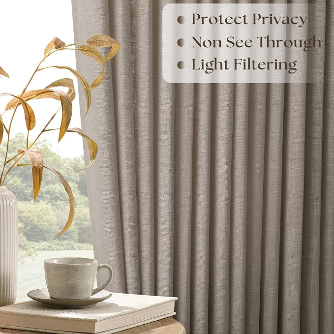 Pinch Pleated Linen 84 Inch Curtains 60 Inch Width for Living Room Divider Light Filtering Thick Burlywood Birch Linen Extra Wide Patio Curtains for Sliding Door Floor to Ceiling Window 1 Panel
