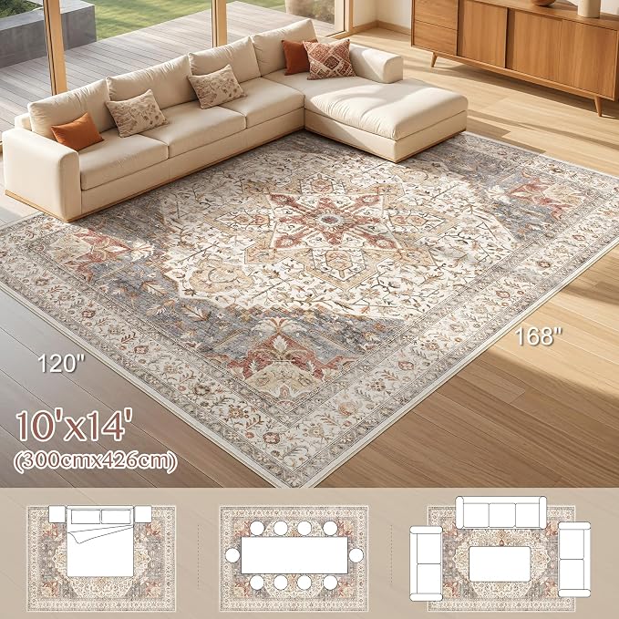 Tortania Area Rug Living Room Rugs - 10x14 Washable Boho Rug Vintage Oriental Distressed Farmhouse Large Thin Indoor Carpet for Living Room Bedroom Under Dining Table Home Office - Orange Multi