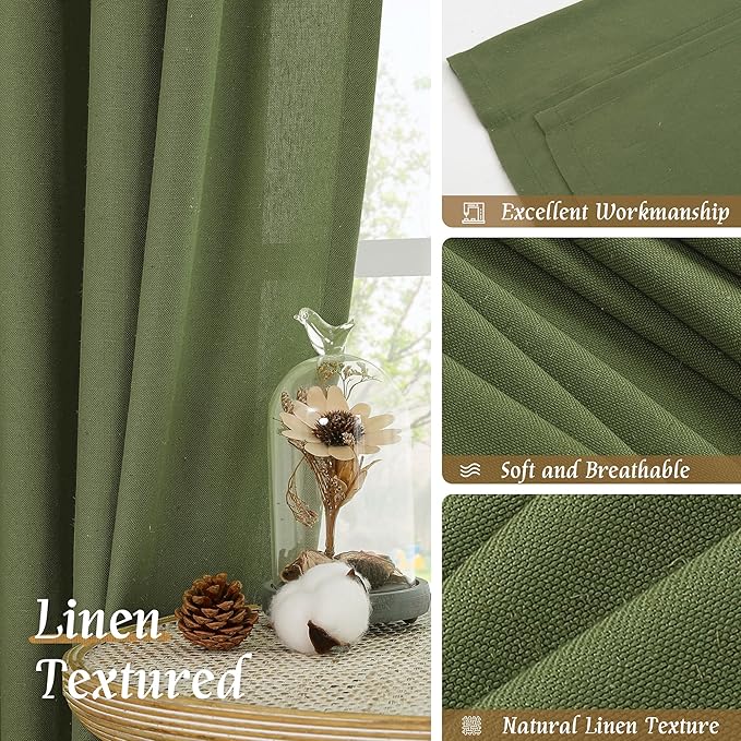 LAMIT Olive Green Linen Curtains for Bedroom, Faux Linen Textured Light Filtering Drapes Rod Pocket Boho Neutral Christmas Panels for Farmhouse/Living Room, 2 Panels, 52 x 72 Inch