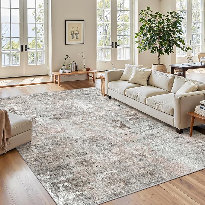 Soalmost 6x9 Abstract Area Rugs for Living Room 6 x 9 Washable Grey Pink Non Slip Low Pile Rugs for Bedroom Dining Room Foldable Thin
