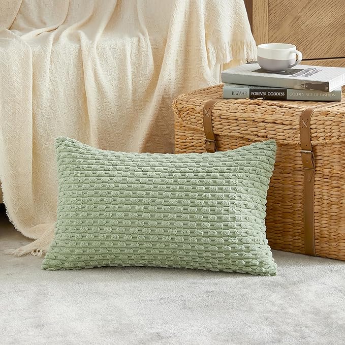 Fancy Homi 2 Packs Sage Green Long Lumbar Decorative Throw Pillow Covers 14x24 Inch for Couch Bed Sofa, Modern Farmhouse Boho Home Decor, Soft Cute Plush Corduroy Rectangle Cushion Case 35x60 CM