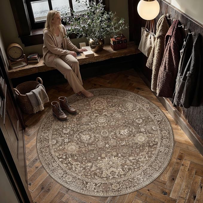 HUGEAR 5x5 Round Rugs Brown Washable Rug for Living Room Bedroom Large Neutral Vintage Rug Carpet Distressed Soft Durable Non Slip No Shedding for Indoor Dining Nursery Farmhouse