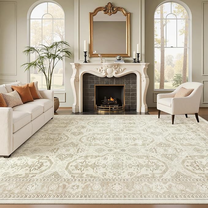 Soalmost 8x10 Area Rugs, Washable Rugs, Large Stain Resistant Beige Area Rug for Living Room Bedroom Dining Room, Vintage Farmhouse Rug