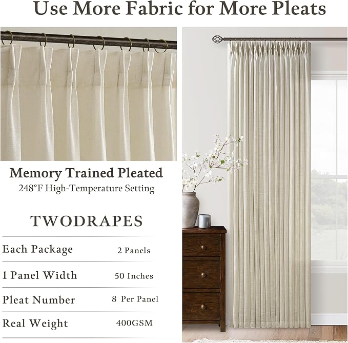 Neutral Beige Linen Curtains 84 Inches Long 2 Panels Set Pinch Pleated Flax Burlap Drapes for Living Room Bedroom Dining Pinch Pleat Back Tab Light Filtering Farmhouse Window Curtains 84 Inch Length